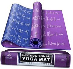 Instructional Yoga Mat with Carrying Strap: Cute Yoga Blue/Purple (68″ x 24″)