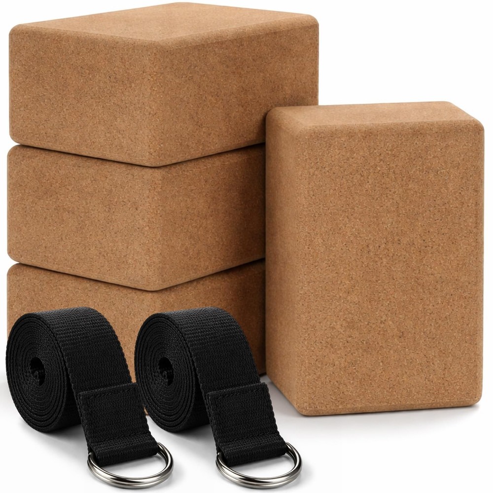 6 Pcs Cork Yoga Blocks with Straps – Non-Slip High Density Exercise Bricks for S