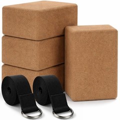 6 Pcs Cork Yoga Blocks with Straps – Non-Slip High Density Exercise Bricks for S