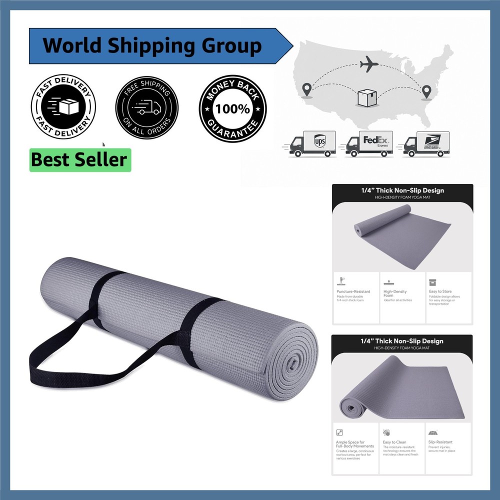 1/4-Inch High Density Non-Slip Yoga Mat with Carrying Strap – Multipurpose