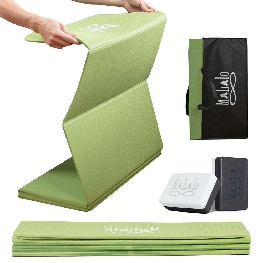 Foldable Yoga Mat with Carry Bag & Blocks | 0.24″ (6mm) Thick 7-Fold Non-Slip…