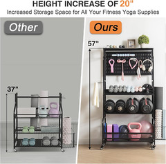56” Home Gym Storage Rack with Wheels, Yoga Mat & Dumbbell Organizer