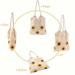 Crochet Beach Bag for Women: Handmade Sunflower Tote with Boho Fringe, Beige