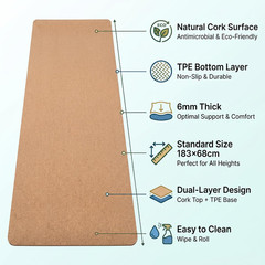 Cork Yoga Mat 6Mm Extra Thick Cushioning High Density Natural Rubber Exercise Pa