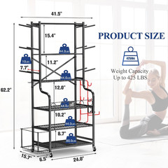 Yoga Mat and Equipment Storage Rack with Hooks and Wheels for Home Gym