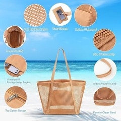 Mesh Beach Tote Bag for Women with Zipper Inner Pocket, Pool Swim Beach Bag