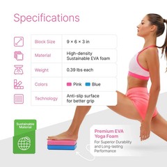 Tolbi 2 Yoga Blocks w Stretch Strap 9 x 6 x 3in Pink Blue Dense EVA Foam Sealed