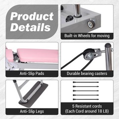 Resistance Ropes Included Pink Pilates Reformer Machine 77.5″, Foldable Adjustab