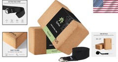 Complete Yoga Set: 2 Soft Cork Blocks (9x6x4) & 8FT D-Ring Strap for Flexibility