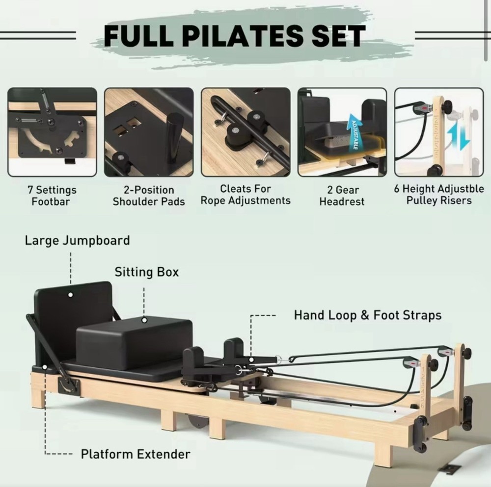 Pilates Reformer Machine, Wood Pilates Yoga Exercise Strength Equipment Home