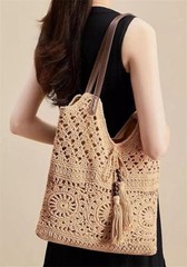 Boho Crochet Summer Handbag Handmade Cotton Rope Knit Shoulder Bags for Beige