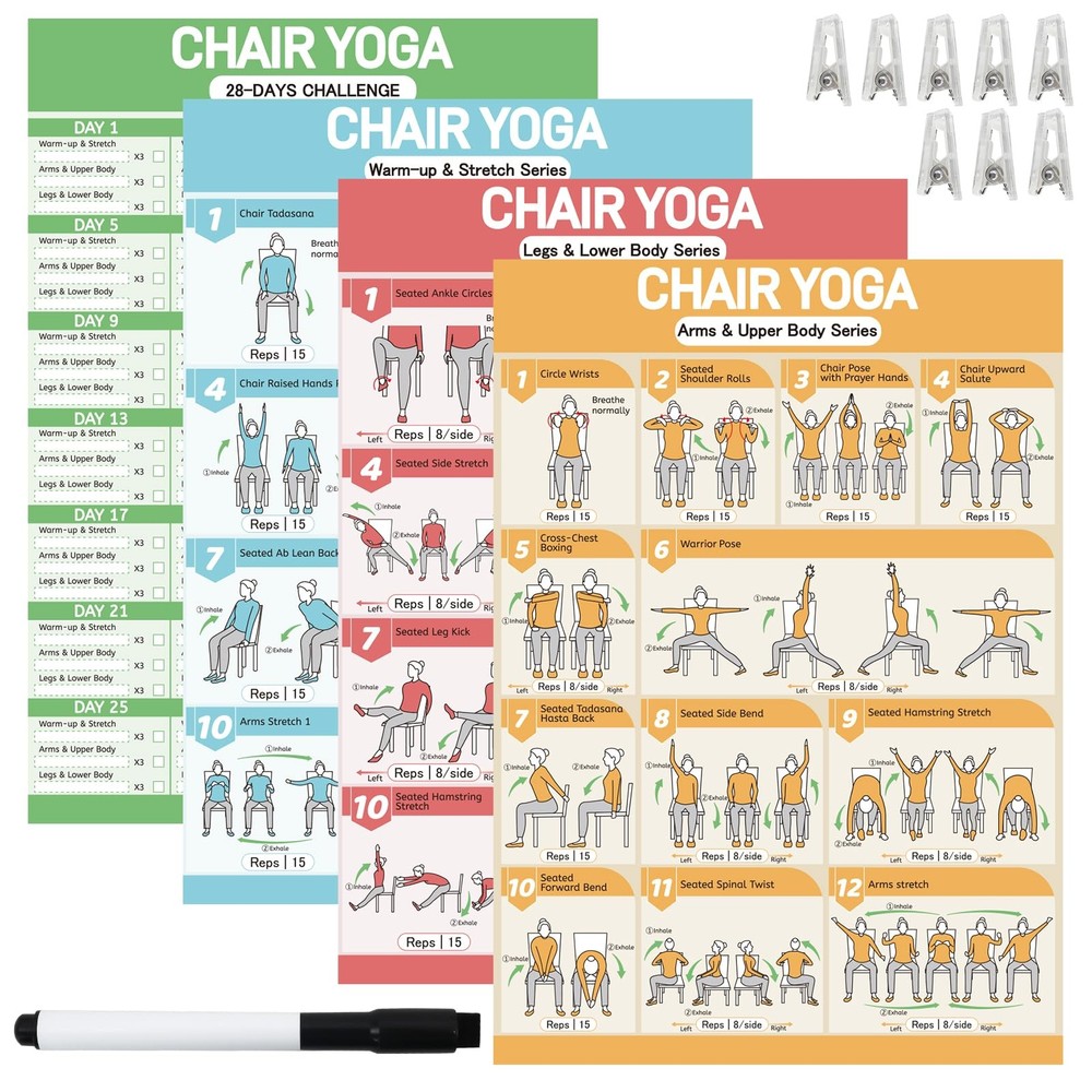 Chair Yoga Poster Set for Seniors & Beginners-3 11.8X16.5inch, colorful