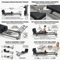 75″ Foldable Pilates Reformer –90% Pre-Assembled Home Gym Women Men Workouts Bun