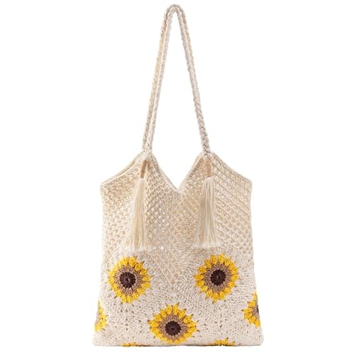 Crochet Beach Bag for Women: Handmade Sunflower Tote with Boho Fringe, Beige