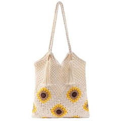 Crochet Beach Bag for Women: Handmade Sunflower Tote with Boho Fringe, Beige