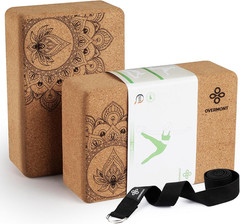 Cork Yoga Blocks 2 Pack with 8Ft Strap Natural Cork Bricks- High Density & Eco F