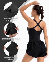 Wenlia Women’s Workout Romper Black Built-In Bra & Shorts- Sz LARGE