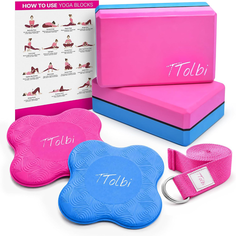 Yoga Starter Kit – Yoga Blocks 2 Pack, Strap & 2 Knee Pad Cushions | Non-Slip EV