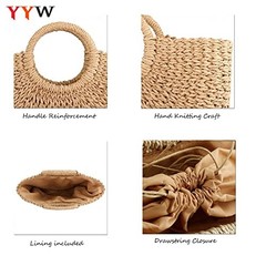 Straw Bags for Women,Hand-woven Straw Large Bag Round Handle Ring Khaki Brown