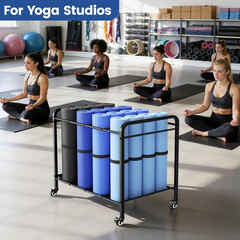 Black Yoga Mat Storage Rack Basket with Wheels, Floor-Standing Metal Yoga Mat Ca