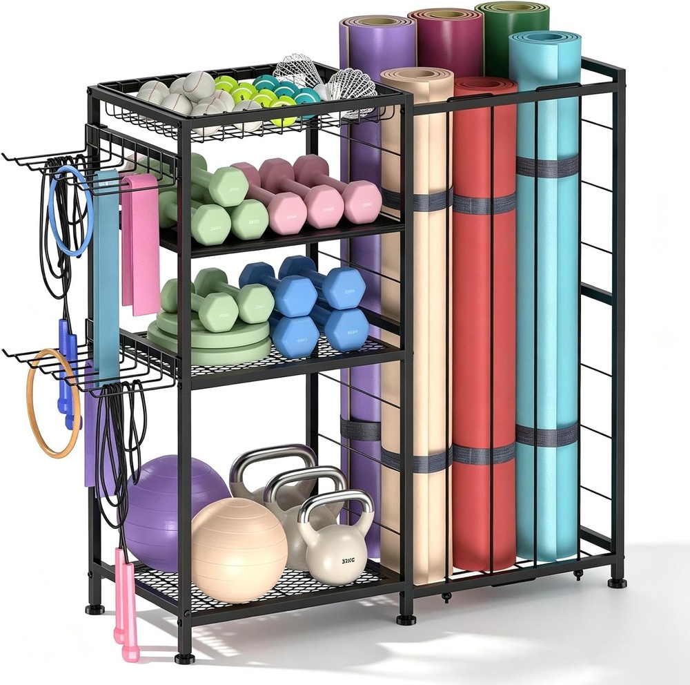 Yoga Mat Holder 4 Tier Home Gym Storage Rack W/ Hooks & Basket Metal Sports