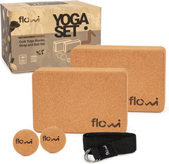 Natural Cork Yoga Blocks 2 Pack with Strap & Massage Balls – Premium Yoga Access