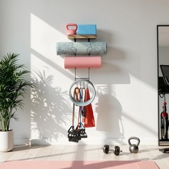Yoga Mat Holder Wall Mount Organizer – Storage Rack with 4 Hooks & Shelves for H