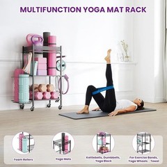 3 Tier Yoga Mat Storage Rack W/ Wheels Hooks Fitness Organizer Home Gym New