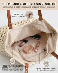 Crochet Beach Bags for Women, Reinforced Strap Woven Tote Bag with Beige