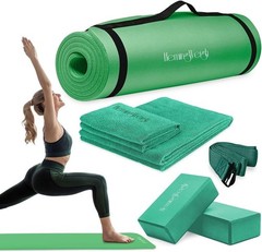 Yoga Mat Set for Home Workouts 1/2 Inch Thick 72″ Length Mat Blocks Strap Towel