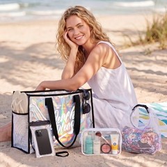 4-pcs Large Iridescent Clear Beach Bags Set for Women with Printed Text, Black