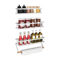 3 Pack Spice Rack Wall Mount With Paper Towel Holder and Hooks, Screw or Adhe…