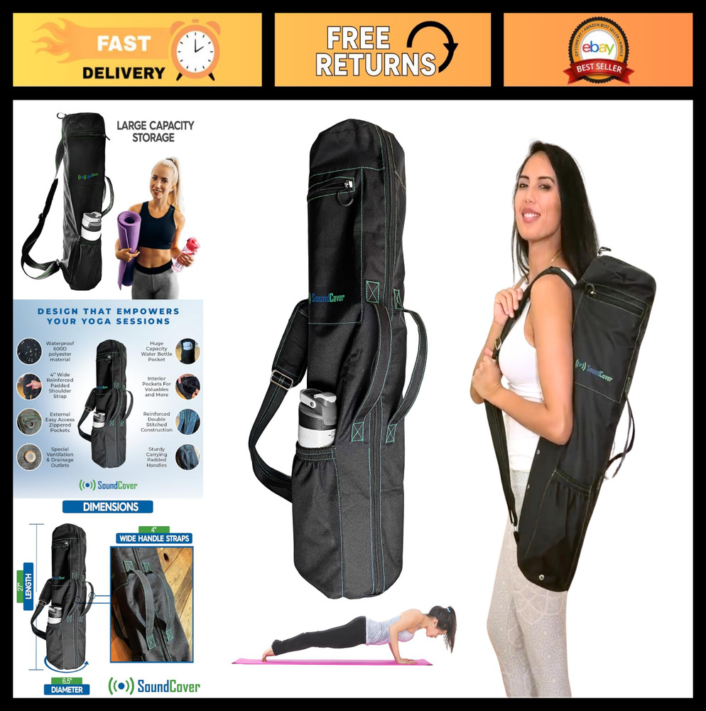 Extra Long Yoga Mat Bag with 3 Pockets, Water Resistant, Padded Strap & Ventilat