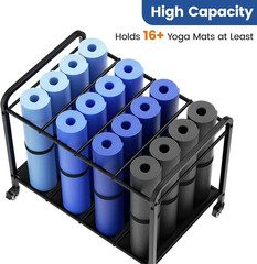 Black Yoga Mat Storage Rack Basket with Wheels, Floor-Standing Metal Yoga Mat Ca