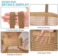 Mesh Beach Bags for Women with Zipper Foldable Hobo Tote Bag Vacation Khaki