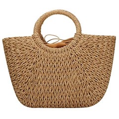 Straw Bags for Women,Hand-woven Straw Large Bag Round Handle Ring Khaki Brown
