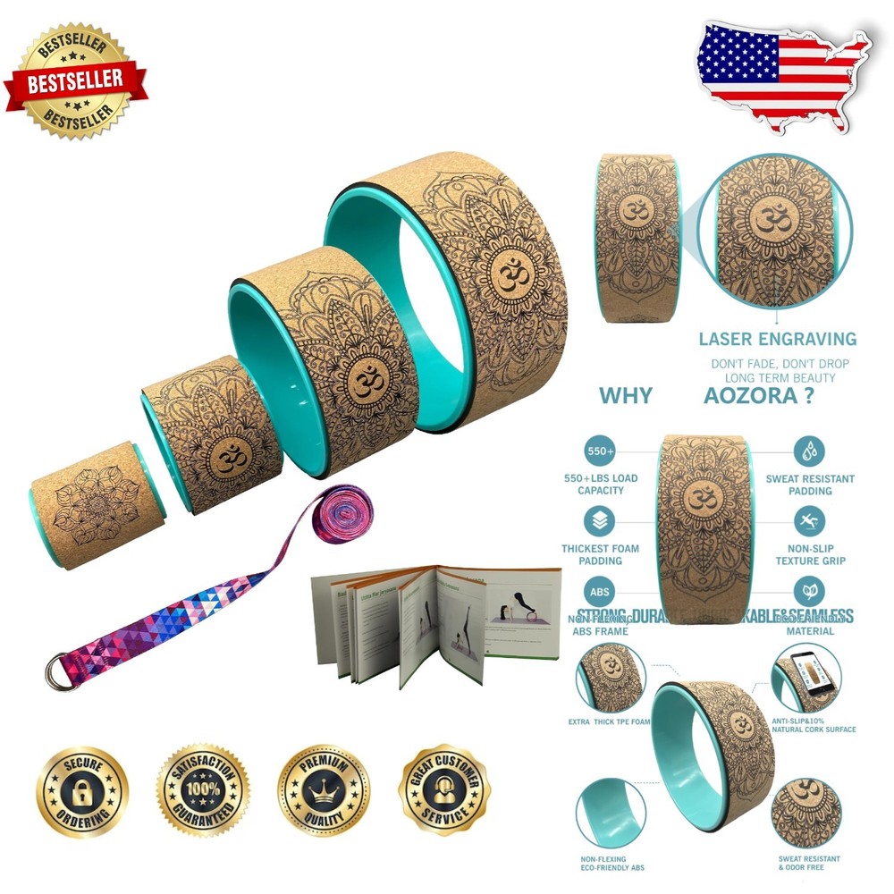 13″ Yoga Wheel 4 Pack Cork/Turquoise + Guide – Deep Stretch & Strength