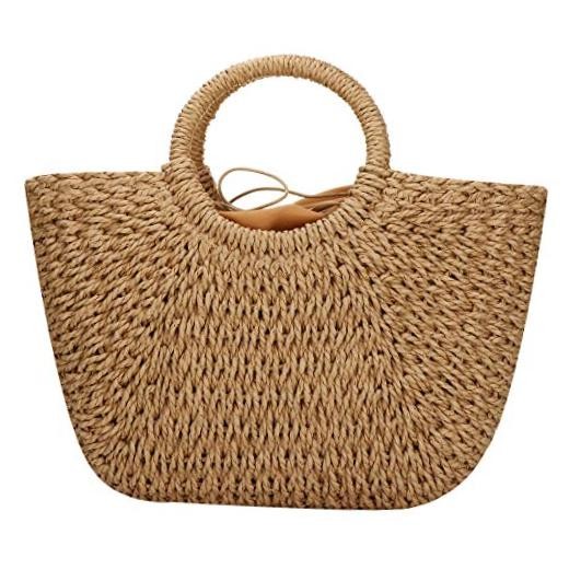 Straw Bags for Women,Hand-woven Straw Large Bag Round Handle Ring Khaki Brown