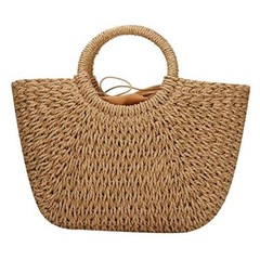 Straw Bags for Women,Hand-woven Straw Large Bag Round Handle Ring Khaki Brown