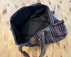 ELENTURE cotton canvas yoga mat bag with a multi-color stripe pattern. 26x12x8”