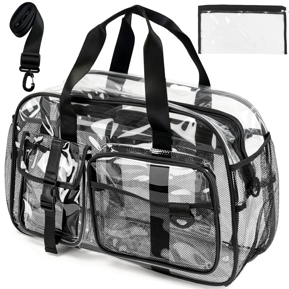 Large Clear Tote Bag 20” for Duffle with 10 Pockets, Clear Gym Crossbody B
