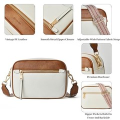 Small Crossbody Bag for Women Triple Pockets Vegan Leather Shoulder White&brown
