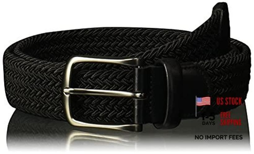 Perry Men’s Woven Belt with Stretch Leather-Trim Fabric Small Black