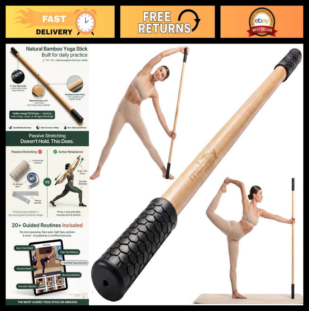 5ft Bamboo Yoga Stick for Stretching, Mobility & Balance – 20+ Video Tutorials,