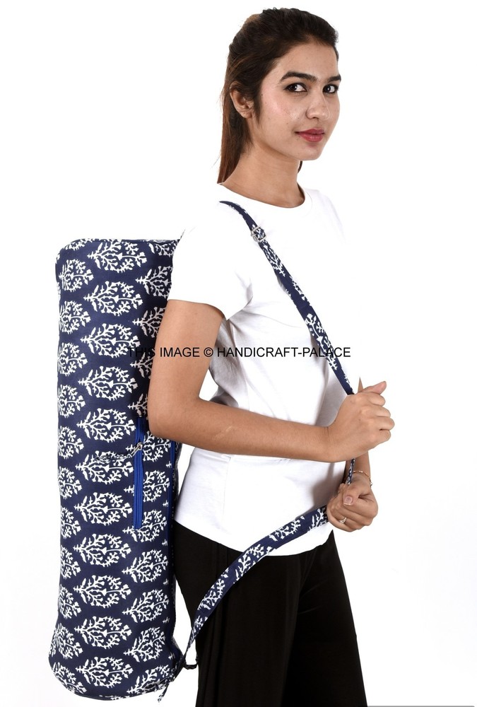 Indian 100%Cotton Floral Design Blue Yoga Bag Cross Body Bag Gym Bag Satchel Bag