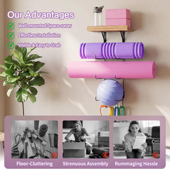 Yoga Mat Holder Wall Mount Home Gym Accessories with Wood Floating Shelves
