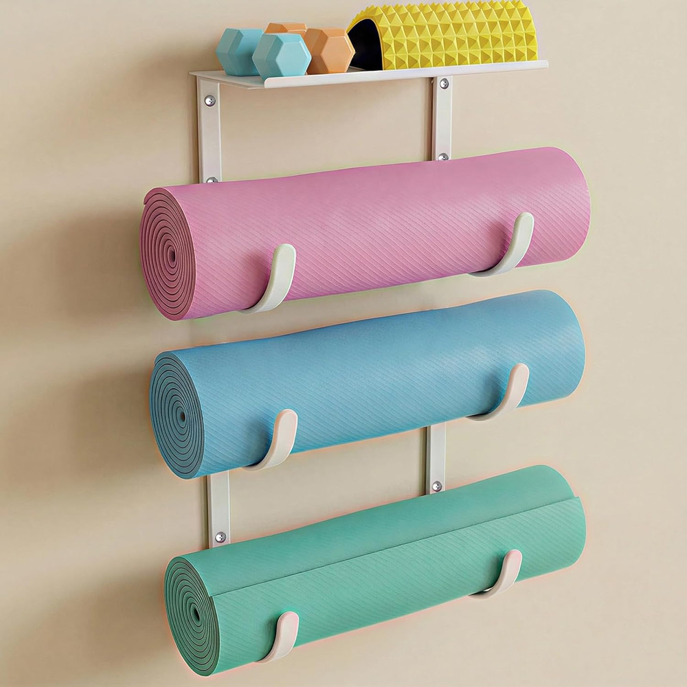 Yoga Mat Holder Wall Mount, No-Tie Pilates Mat Storage Rack with Top Floating Sh