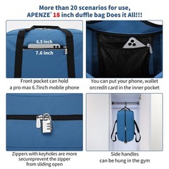 Apenze Small Gym Bag 18 inch Carry On Duffel Bag for Weekender Travel – Blue