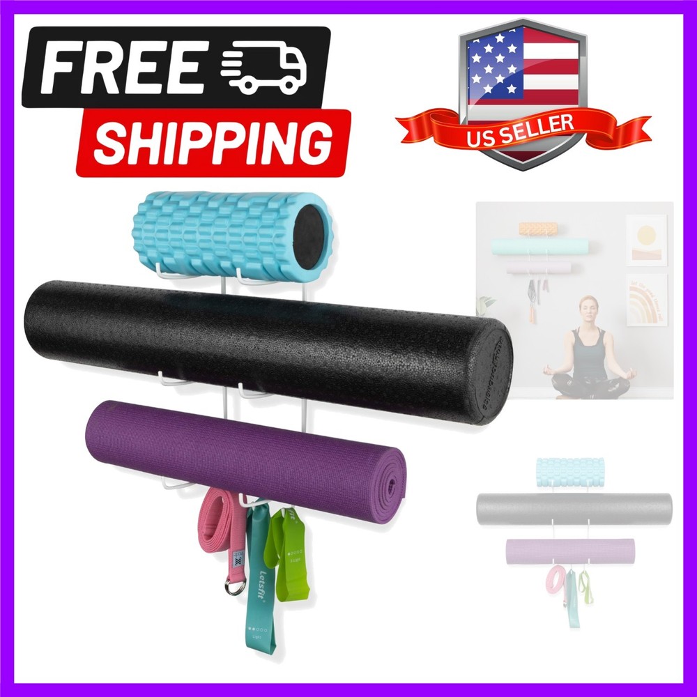 Guru Yoga Mat Holder Wall Mount with 3 Hooks for Hanging Yoga Strap, Resistan…