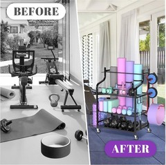 Yoga Mat Storage Racks Home Gym Storage Organizer Rack With Hooks and Wheels